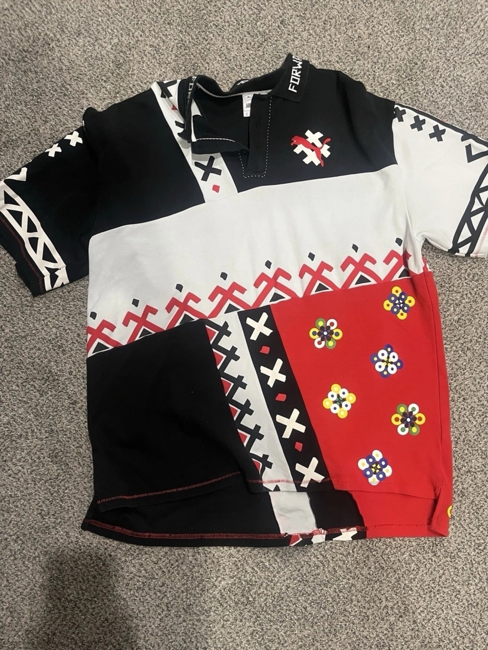 PUMA X JAHNKOY Black White & Red Graphic Patchwork Polo Size XL (Oversized)